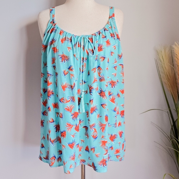 CAbi, New, Aqua/Orange Palm Leaf Tie Front Tassel Tank Blouse Top, Size Large - Picture 2 of 11